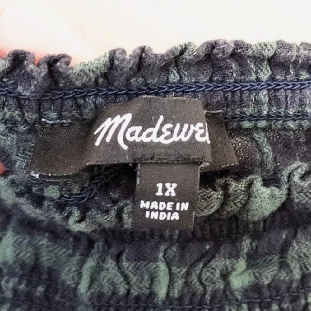 Madewell Plaid Long Sleeve‎ Top 1X Green Blue Smocked Academia Cottage Preppy